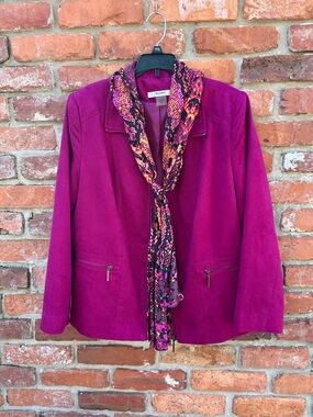 TanJay Women's Fuchsia Suede Blazer with Patterned Scarf 14P Full Zip